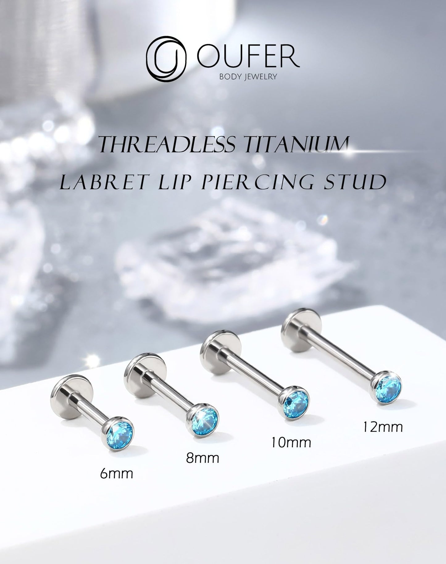 OUFER Titanium Threadless Labret Stud 16G for Conch, Helix, Tragus, Medusa – 6mm Push-in Flat Back Piercing Jewelry with 3mm CZ, Skin-Friendly Design