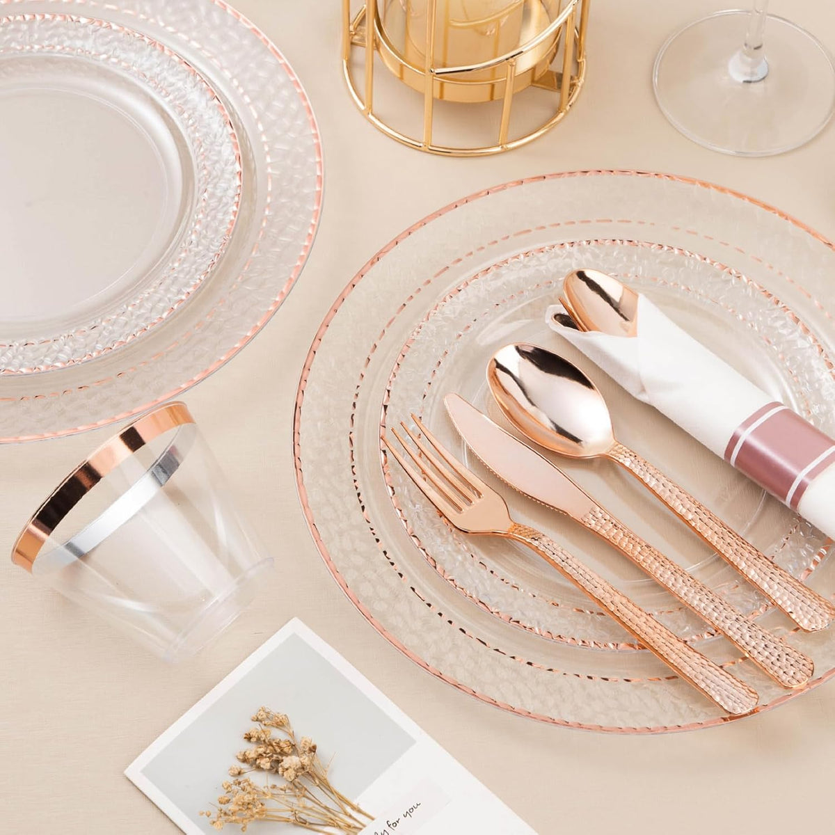 350PCS Clear Plastic Plates with Rose Gold Trim for 50 Guests, Disposable Dinnerware Set for Party, Wedding, Include 100 Plastic Plates, 50 Pre Rolled Napkins with Silverware, 50 Cups