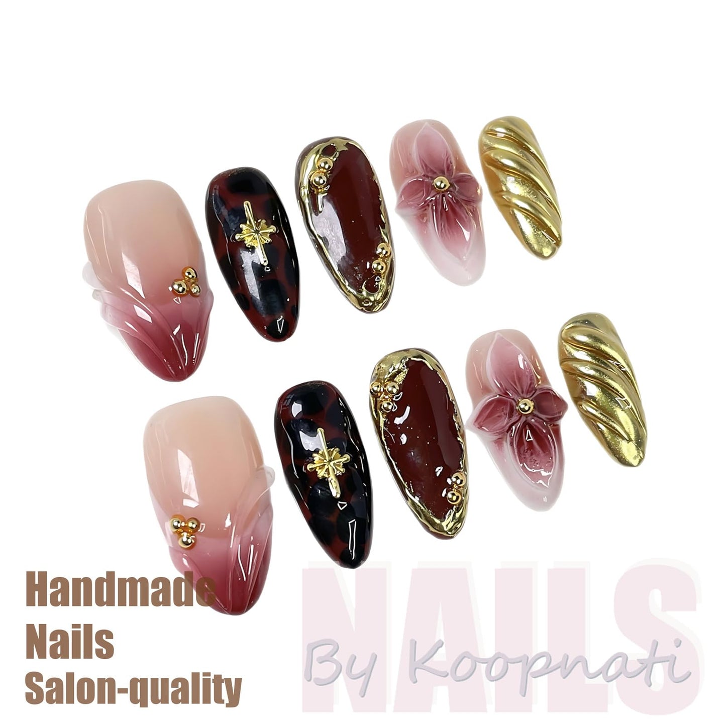 Handmade Press On Nails Almond Homemade Press On Nails French Tip With 3D Design Fake Nail Art For Women M