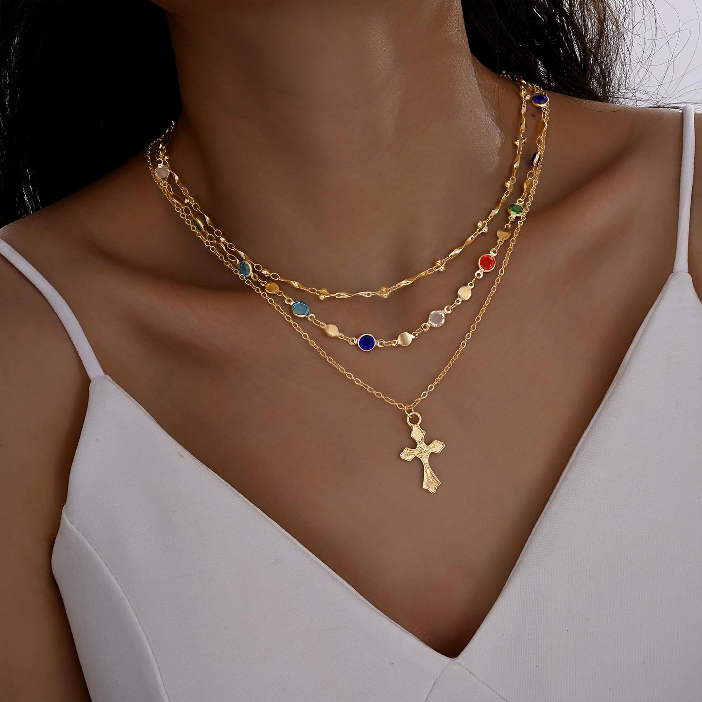3PCS Layered Gold Cross Necklaces for Women Trendy, Bohemian Bead Pearl Y Long Pendant Necklace Set, Vintage Rosary Necklace Stack Adjustable Length