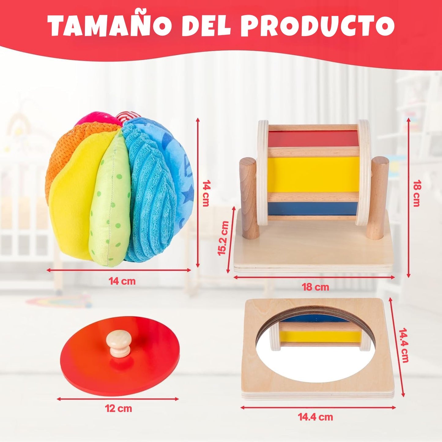 Montessori Baby Toys Play Kit - Mirror, Peekaboo, Knob Puzzle, Spinning Drum, Rainbow Ball - 6-12 Months Toddlers