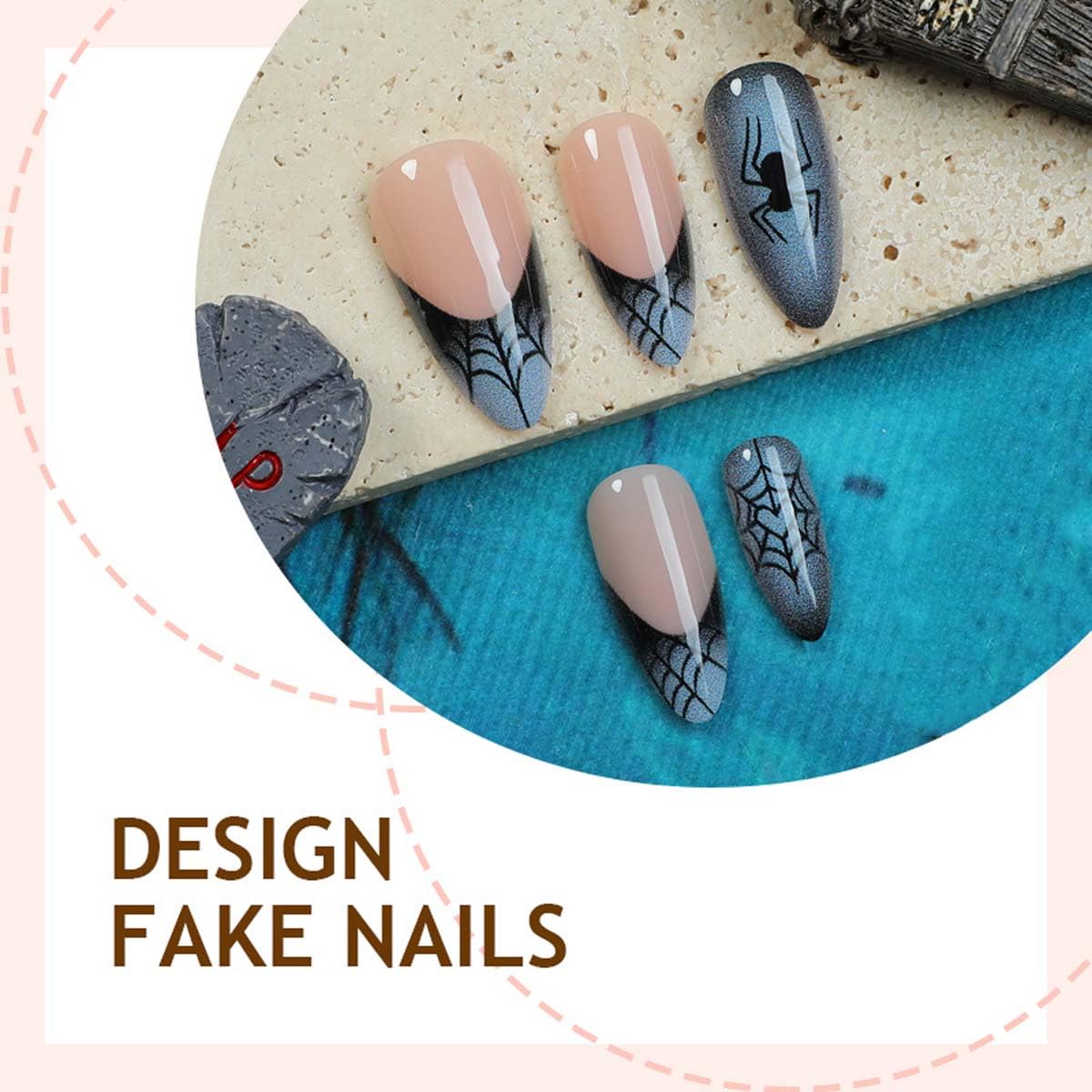 Halloween Press on Nails Almond Fake Nails Gothic French Tip False Nails Press ons with Spider Web Designs Dark Bule Reusable Artificial Nail Full Cover Stick on Nails for Women Manicure 24Pcs