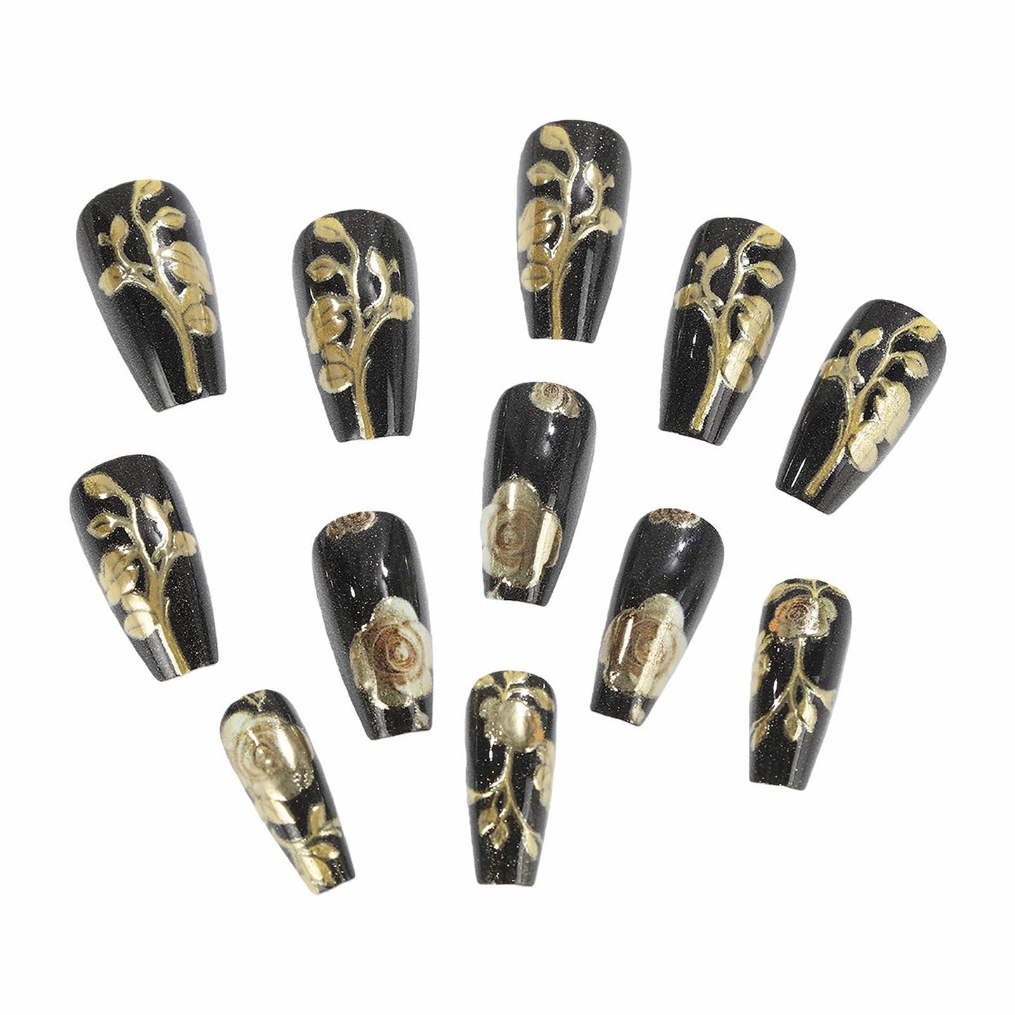 MISUD Press on Nails - Long Coffin Fake Nails with Black, Acrylic Gold Chrome Flower Design 24 pcs