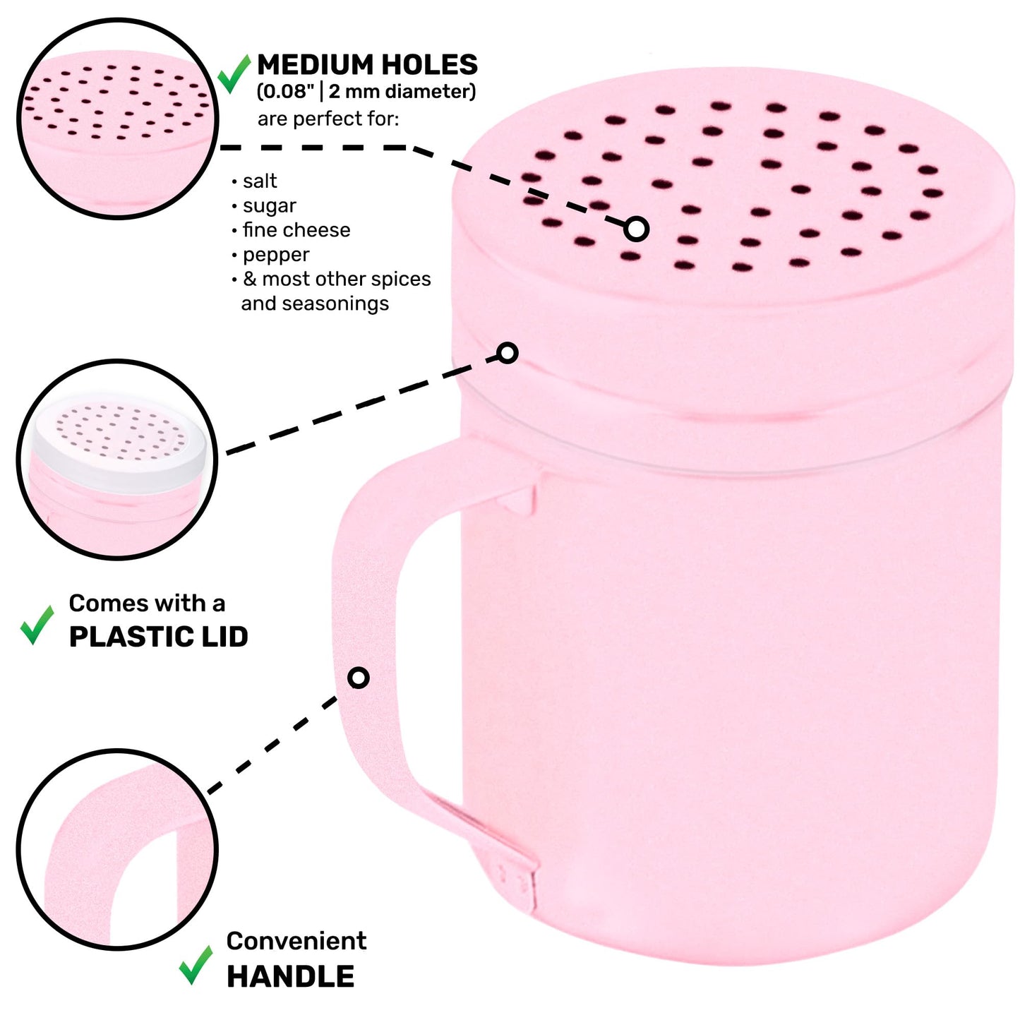 CUSINIUM 10oz Pink Stainless Steel Salt Pepper Dredge Shakers - With Plastic Cap - With Handle - Pack of 2