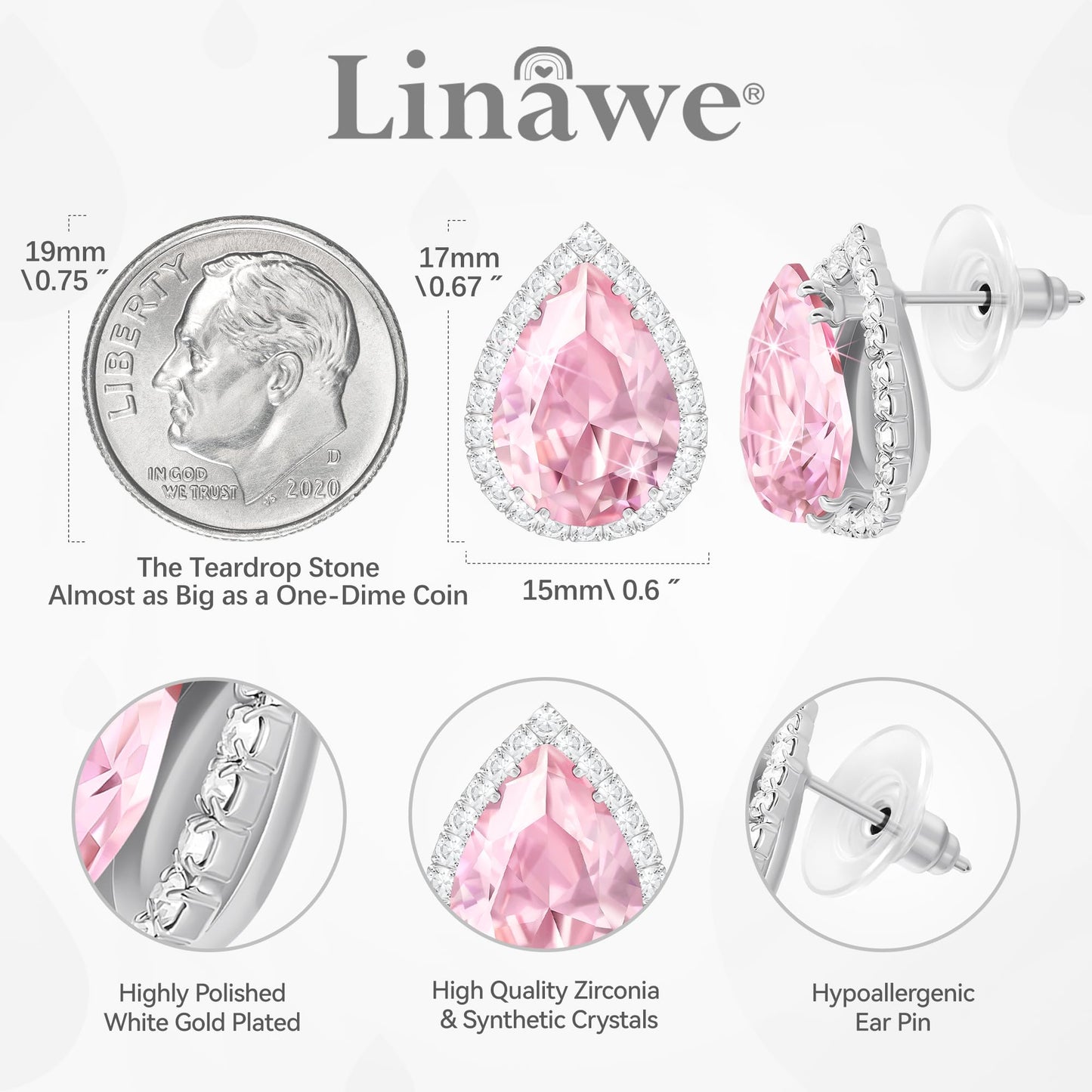 Linawe Pink Earrings Studs for Women, Silver Imitation Diamond Morganite Teardrop Cartilage Stud Earrings Set, Wedding Bridal Iridescent Rhinestone Crystal Sparkly Bridesmaid Jewelry
