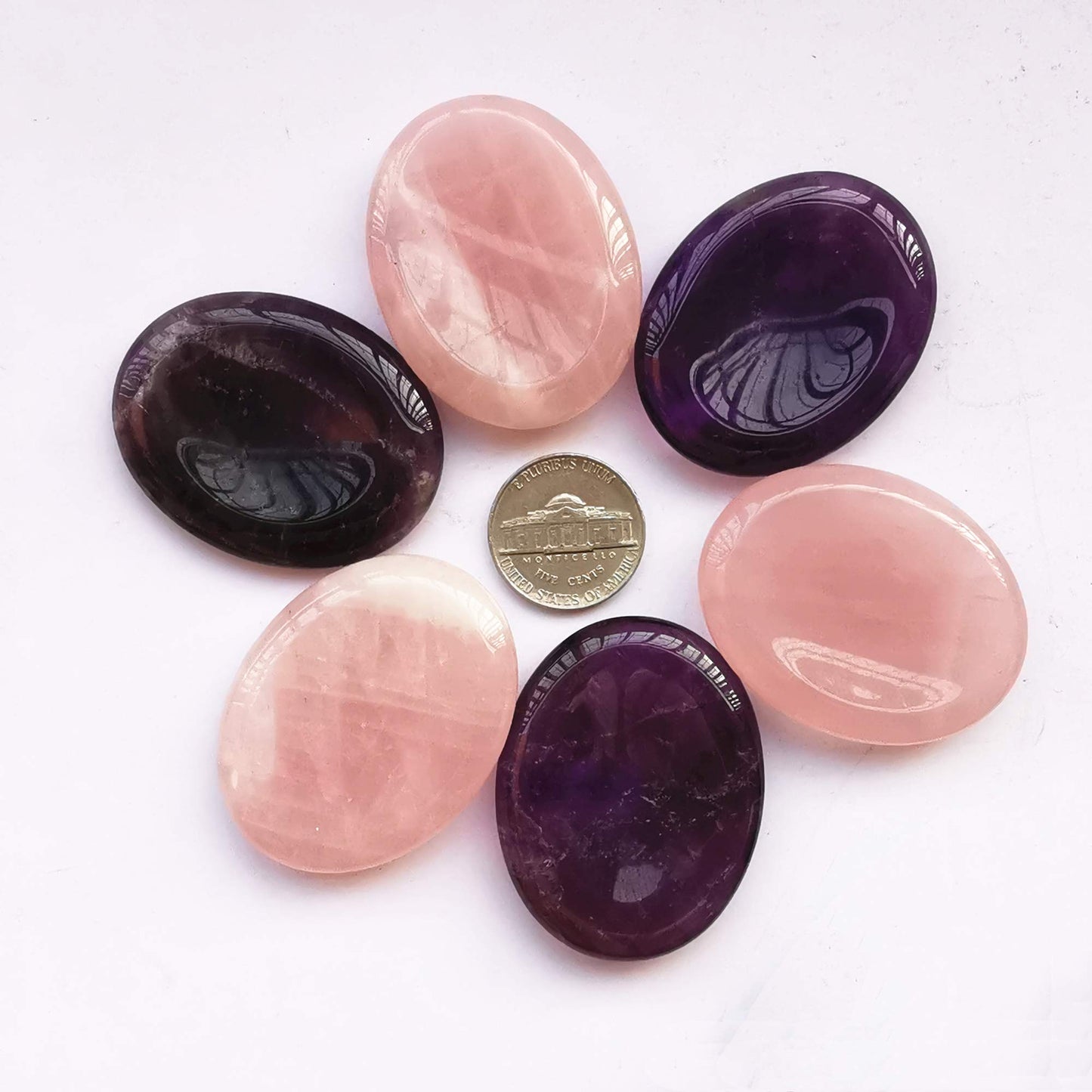 Bacatgem 2 Pcs Natural Rose Quartz and Amethyst Crystal Thumb Worry Stone,Stress Relax Healing Reiki Crystal Pocket Palm Stones