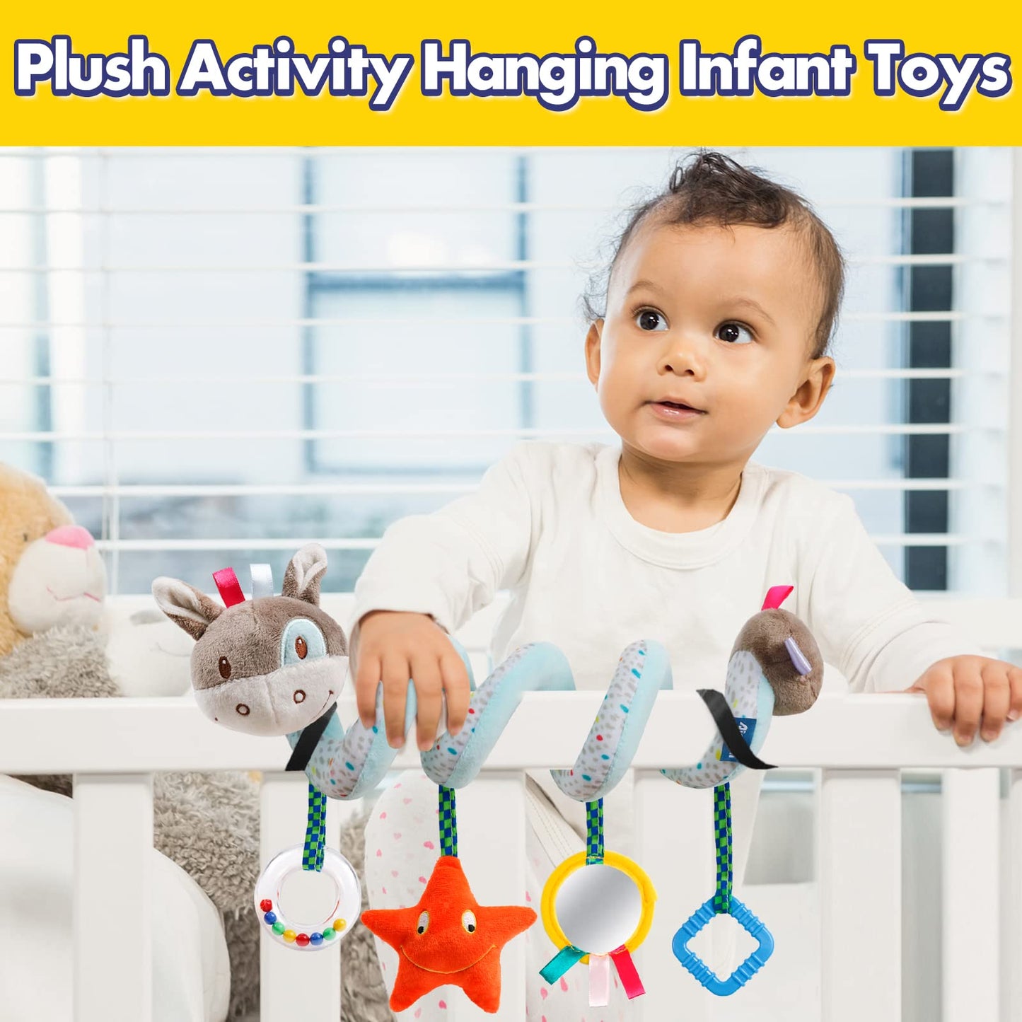 GKDOMS Baby Car Seat Toys Activity Stroller Toy for Boys Girls 0 3 6 9 10 12 Months, Spiral Hanging Plush Toys, Baby Shower Thank You Gifts