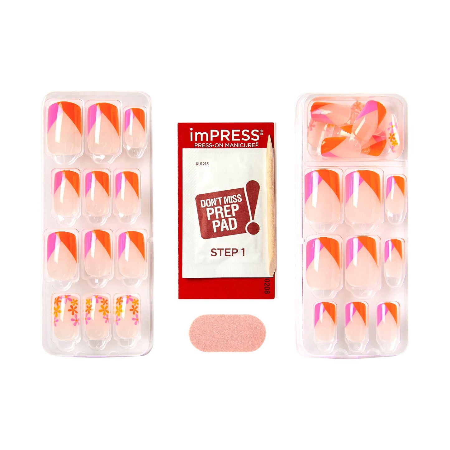 KISS Impress No Glue Mani 30 Pcs Press on Nails, Medium Coffin Design Nail, Red & Pink Flower Print, Simple Peel & Press Easy Apply, Hassle-Free Removal, Essential Tools Included