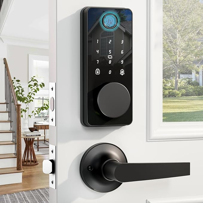 Smart Lock with Handles, Fingerprint Door Lock App Control, Keyless Entry Door Lock Set, Electronic Keypad Deadbolt, Auto & One Touch Lock, Easy Installation, IP54, Digital Smart Code