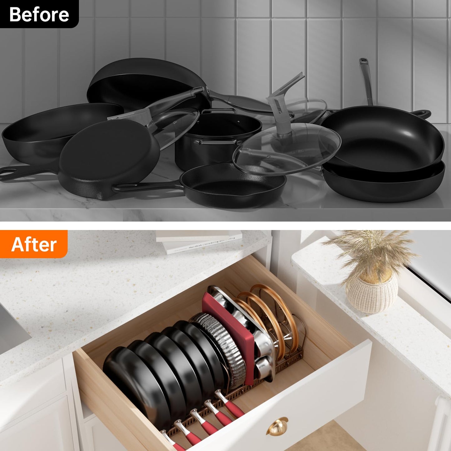 MUDEELA Pots and Pans Organizer under Cabinet, Expandable Pan Lids Organizers inside Cabinet with 12 Adjustable Dividers, Kitchen Storage Organization Pot Holder Cookie Sheet, Cutting Board Organizer