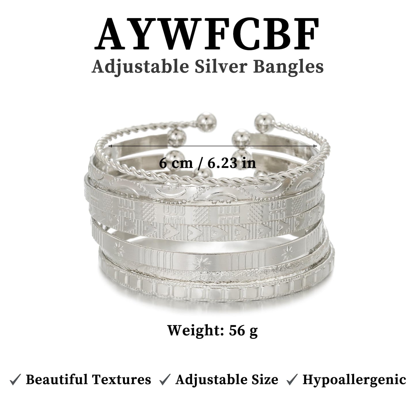 AYWFCBF Silver Bangles for Women, Adjustable Open Cuff Stackable Bracelets Set Boho Jewelry for Women
