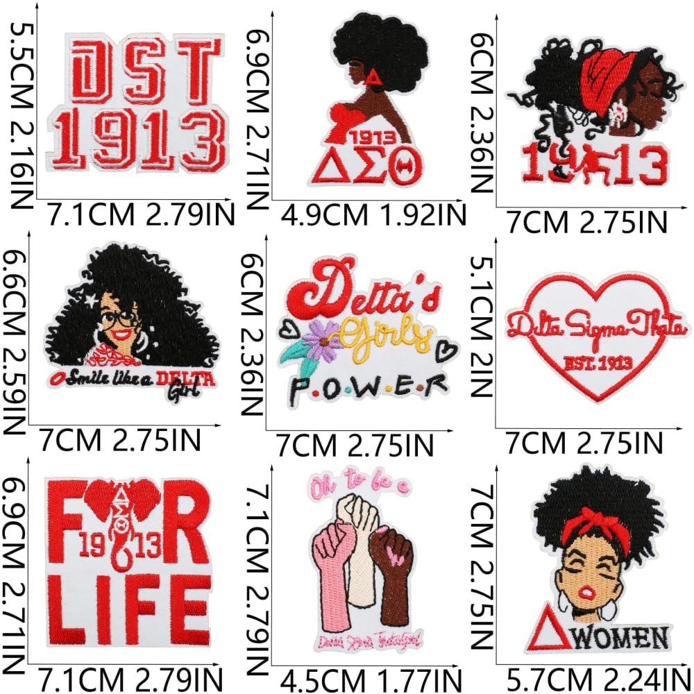 24 PCS Black Girl Patches Compatible with Delta Sigma Theta Sorority Embroidered Iron on Sew on Applique Patches for Shirts Backpacks Pants Clothes Coat Bags Jackets Vests Uniforms
