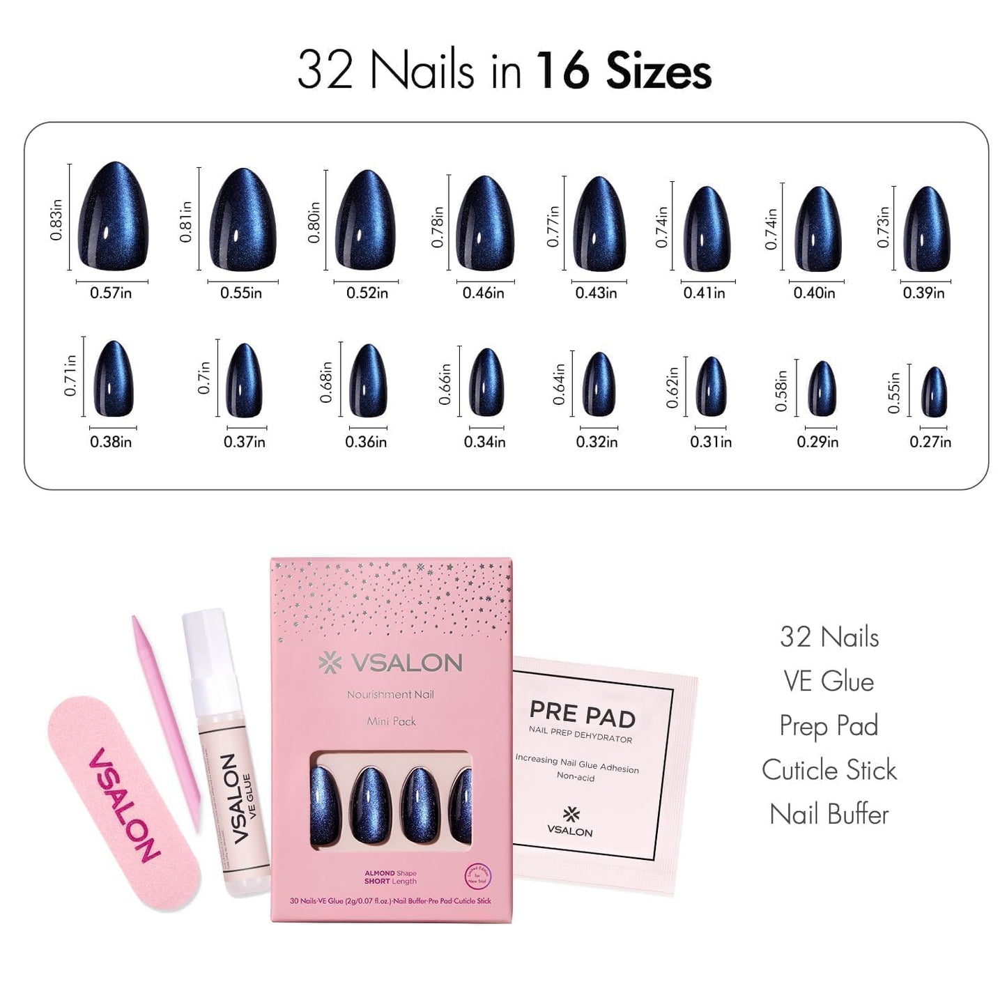 Press On Nails - Short Almond Cat Eye Nails Set, Blue Chrome Cat Eye - silver Red Ombre, UV Cured Nails & Mini Pack