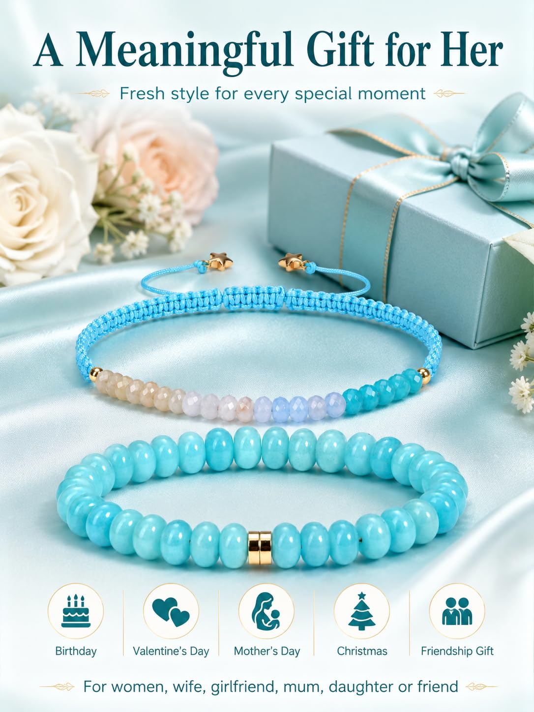 CrystalTears Amazonite Beaded Bracelets for Women, 2pcs Stackable Boho Crystal Gemstone Bracelets Set with Stretch Bracelet and Adjustable Braided Bracelet Summer Beach Jewelry Gifts for Women Her
