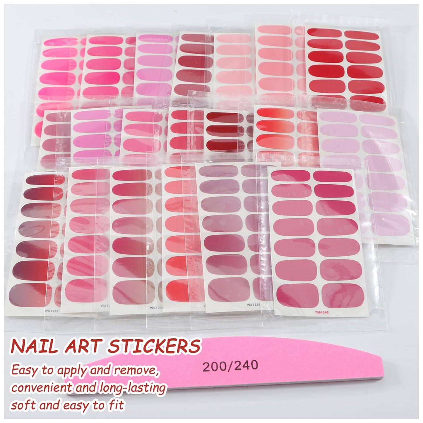 SILPECWEE Nail Polish Stickers, 20 Sheets Pink Solid Nail Stickers Full Nail Wraps with File Self Adhesive Nail Polish Strips Gel Nails Strips Fingernail Nail Art Sticker Nails for Women
