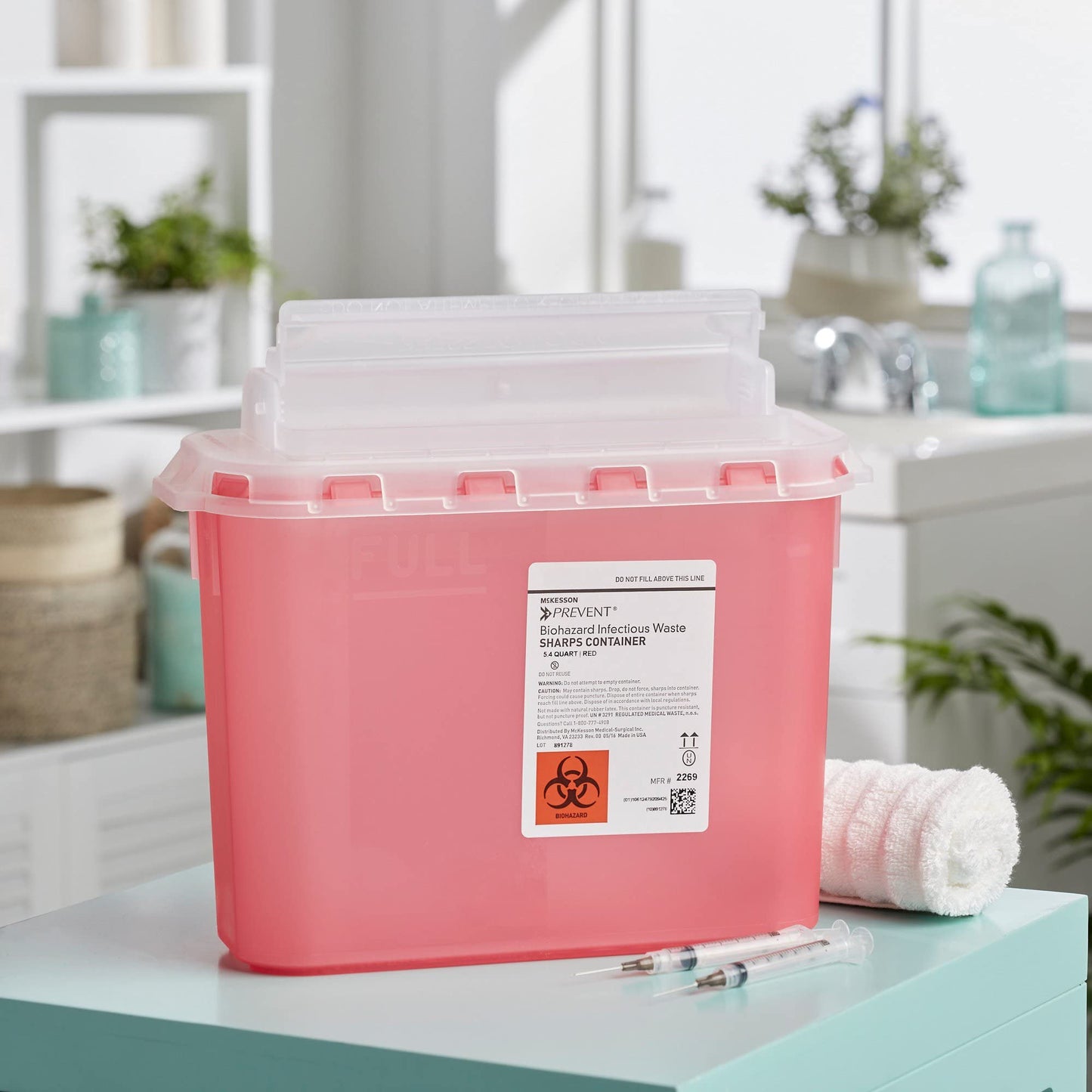 McKesson Prevent Sharps Container for Home Use, 5.4 Quart - for Biohazard Infectious Waste, Needle and Syringe Disposal - Translucent, Touchless Lid - Red, 20 Count