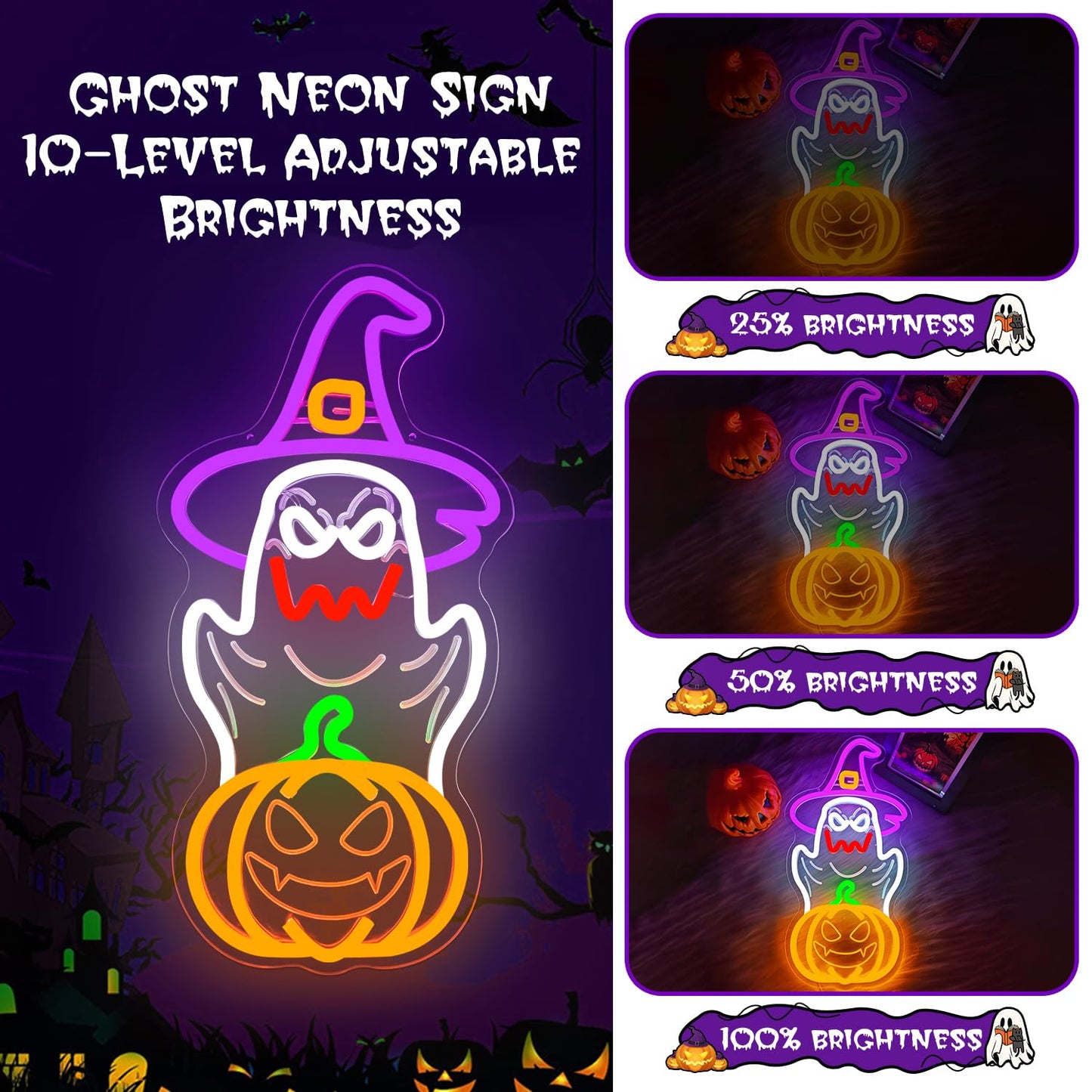 hhuohuona Halloween Neon Sign Dimmable Ghost Led Sign Halloween Ghosts With Witch Hat Neon Lights Jack-O'-Lantern Light Up Sign Spooky Boo Window Lights