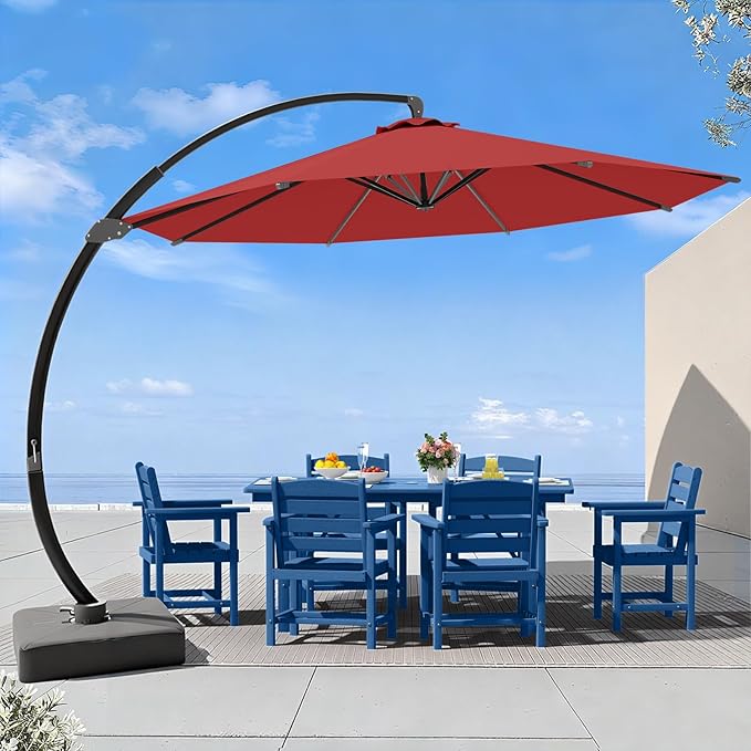 7 Piece Patio Dining Set with 11ft Patio Umbrella (Red), 7 Navy Outdoor HDPE Dining Set with 6 Chairs + 1 Large Table with 2" Umbrella Hole, for Market, Pool, Garden, Backyard, Deck