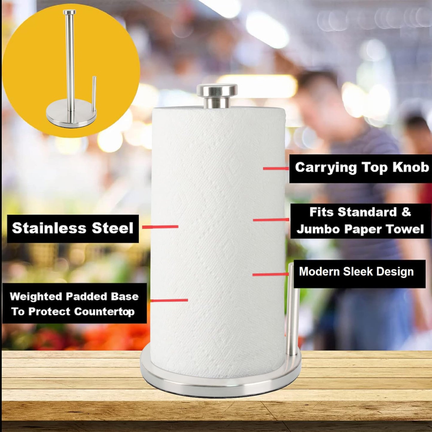 Steelware Central Paper Towel Holder with Side Rod, Stainless Steel, Easy Tear Dispenser for Home Kitchen Countertop Tabletop (Silver)