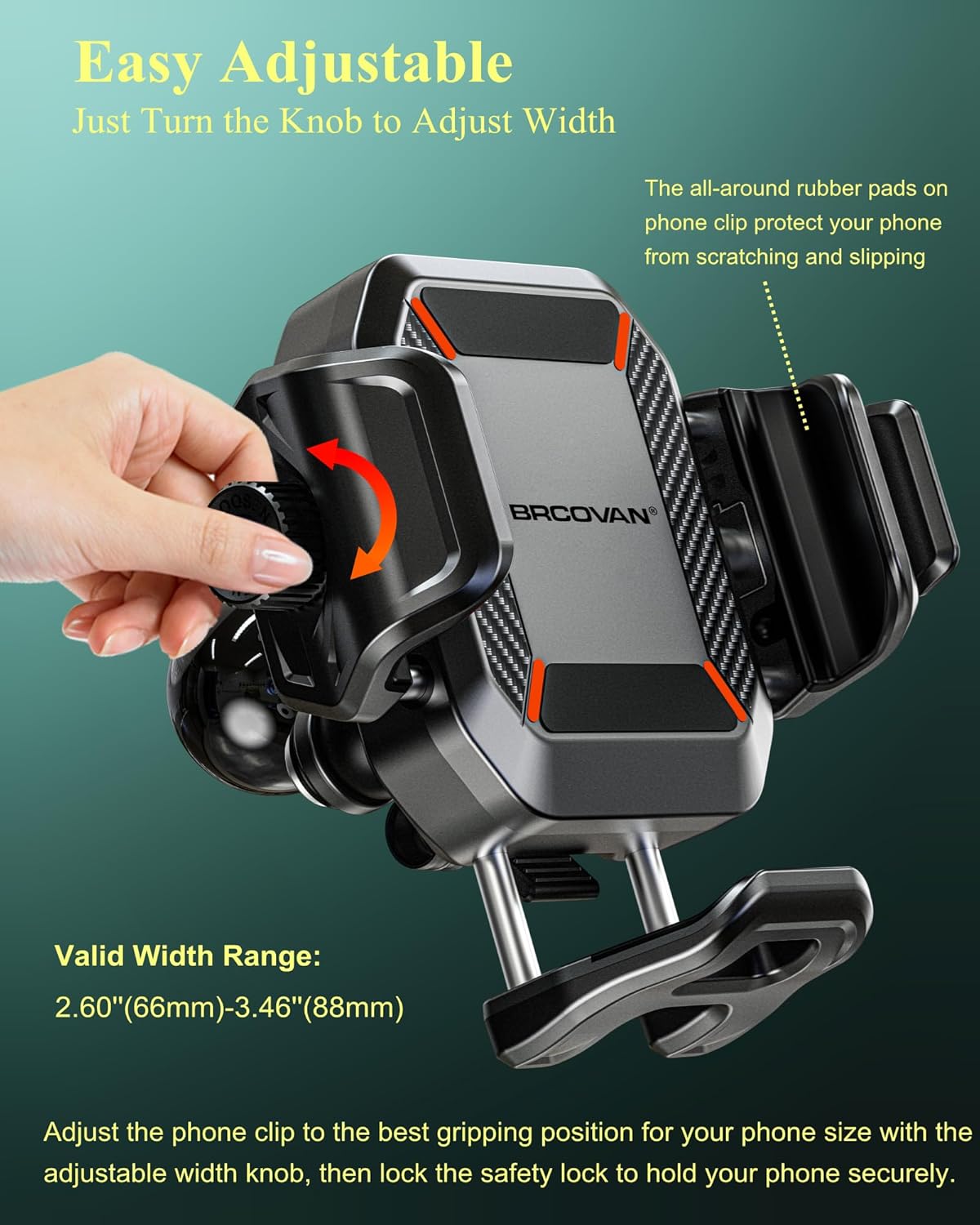 BRCOVAN Anti-Theft Phone Mount Holder with Vibration Dampener [Camera Friendly] [1s Lock & Release], with Aluminum Diamond Base & Medium Arm for Car Boat Truck Motorcycle UTV ATV Fit 5.4-7.2'' Phone