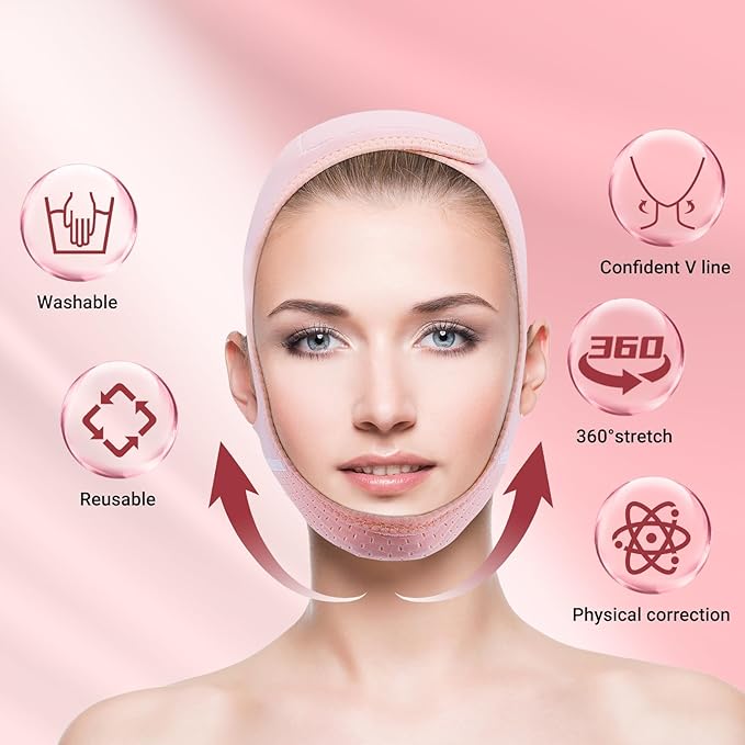 Reusable V Line Lifting Mask with Chin Strap for Sleeping,Double Chin Reducer,Face Lift Prevent Sagging, Jaw Exerciser,Light Pink,M