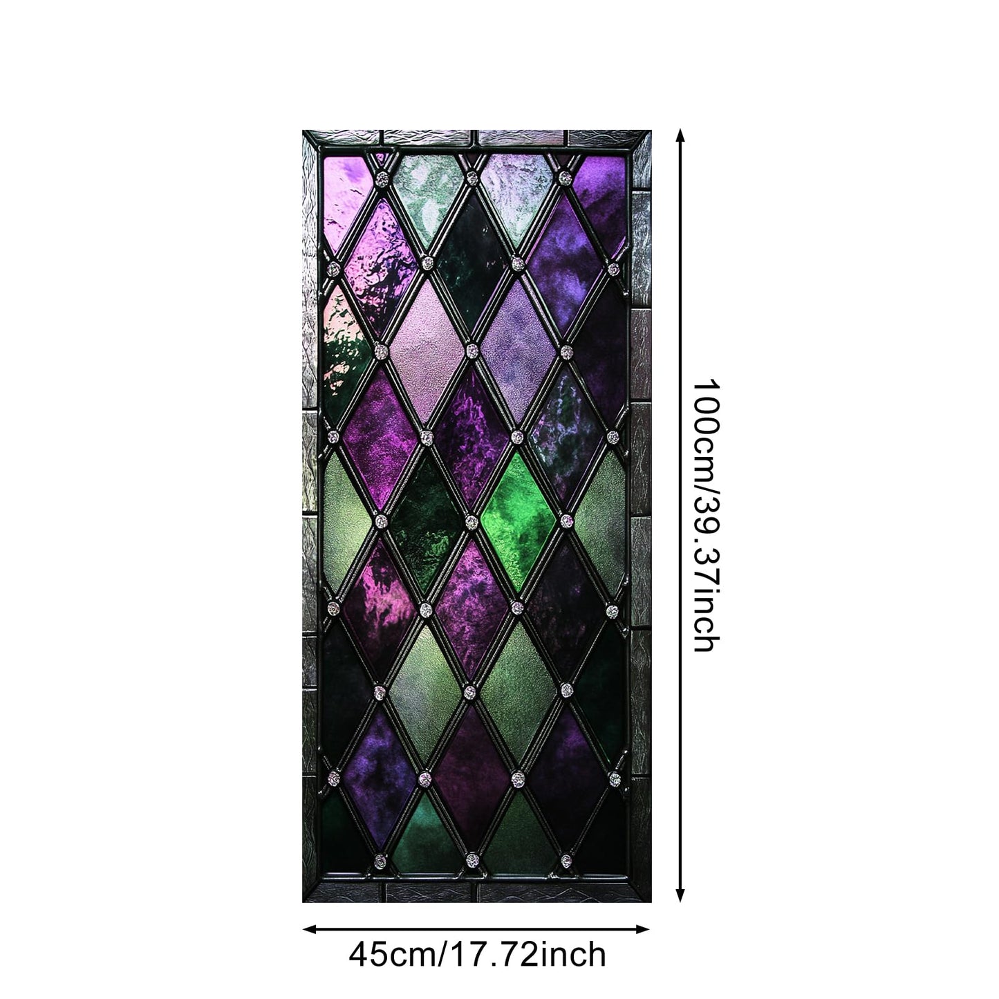 IVN Privacy Window Film Stained Glass Window Cling Purple and Green Diamond Design Decorative Static Cling Window Sticker for Bathroom Kitchen Entry Door 17.7 x 39.3 Inch