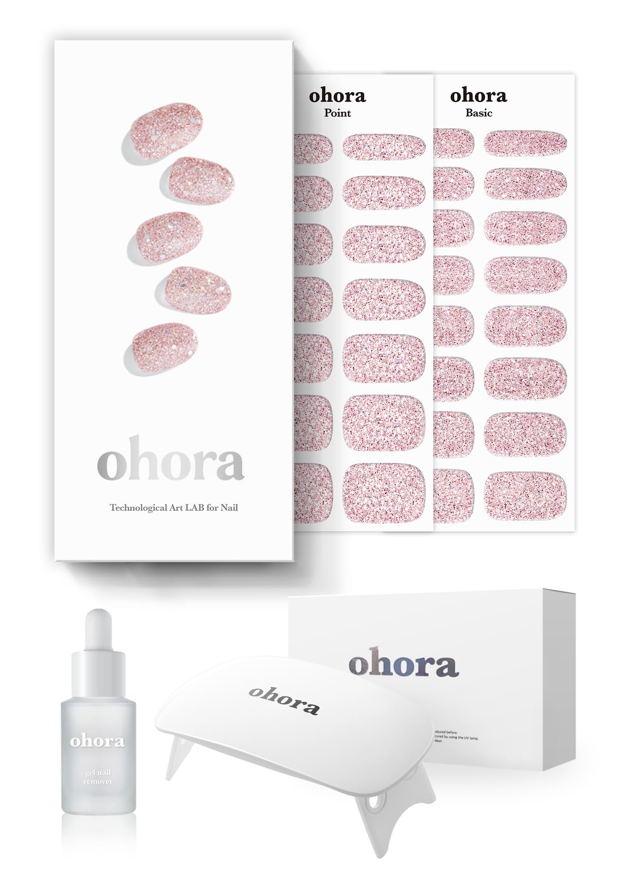 ohora Semi-Cured Gel Nail Strips Value Set (N Pixie Dust Starter Kit) Includes Full Size Lamp and Mini Remover, Salon-Quality, Long Lasting, Easy to Apply & Remove