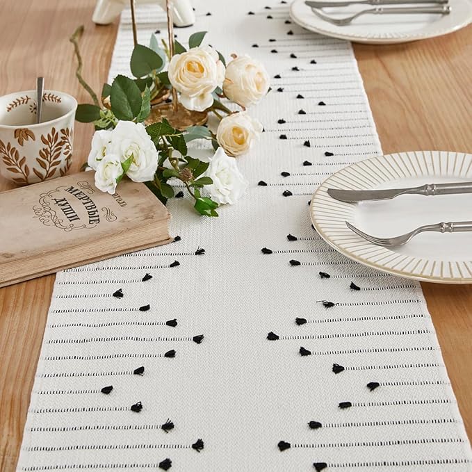 Wracra Boho Table Runner, Natural Cotton Woven Macrame Table Runners 48 Inches Long for Modern Farmhouse Woven Home Decor, 14x48 Inch, Black