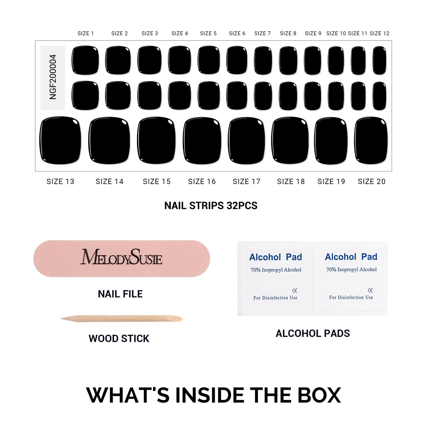 MelodySusie 32Pcs Semi Cured Gel Toe Nail Strips (Black), Pedicure Stickers for Toes, Works with Any UV/LED Lamps, Salon-Quality, Long Lasting, Easy to Apply & Remove