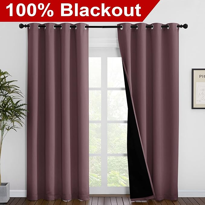 NICETOWN Living Room Completely Shaded Draperies, Privacy Protection & Noise Reducing Ring Top Drapes, Black Lined Insulated Window Treatment Curtain Panels (Dry Rose, 2 Pieces, W55 x L86)