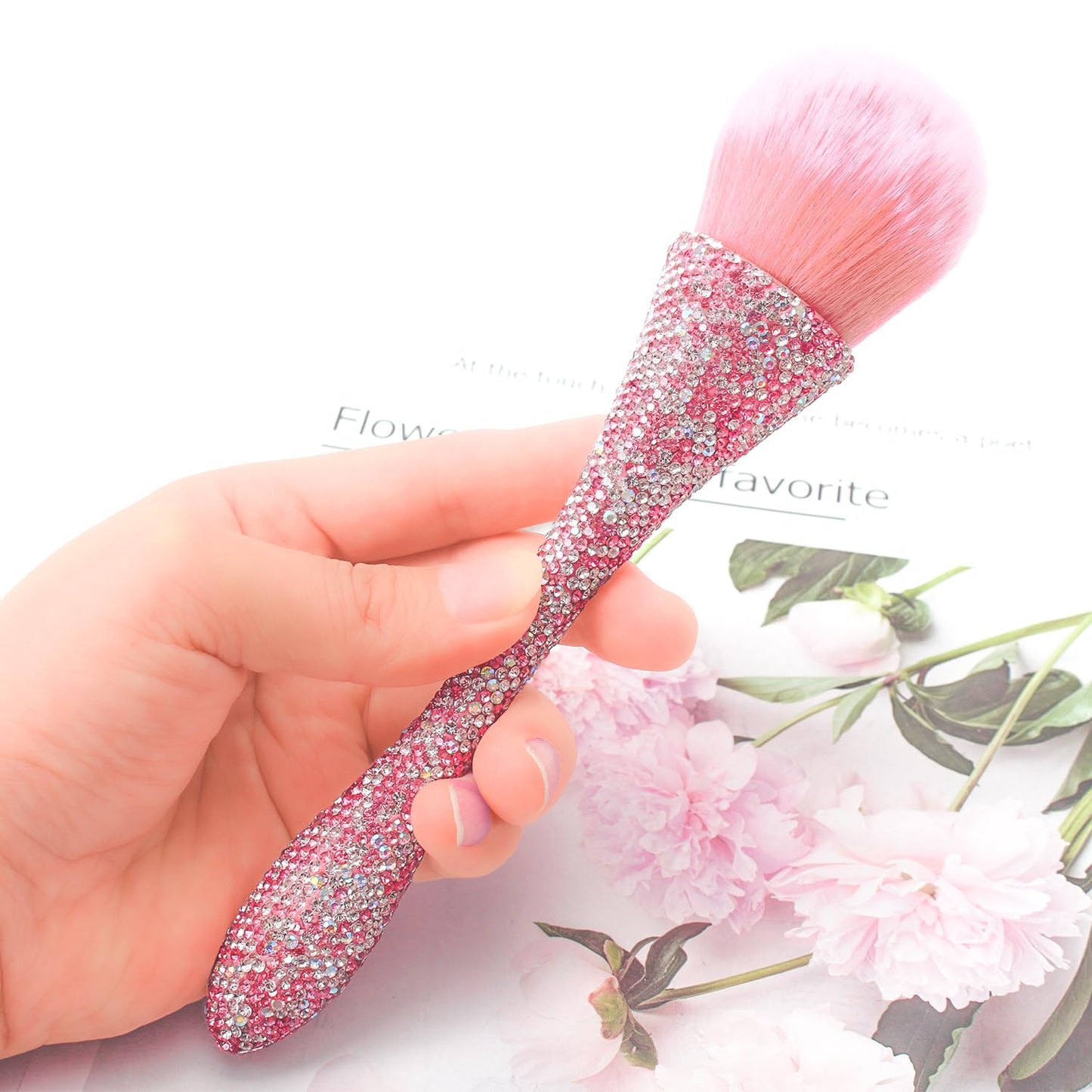 SILPECWEE 1pc Pink Nail Brush for Cleaning Fingernails, Nail Dust Powder Remover Brushes, Soft Nail Art Brush Inlaid Clear Crystal Acrylic Nail Brush Cleaner Makeup Tool