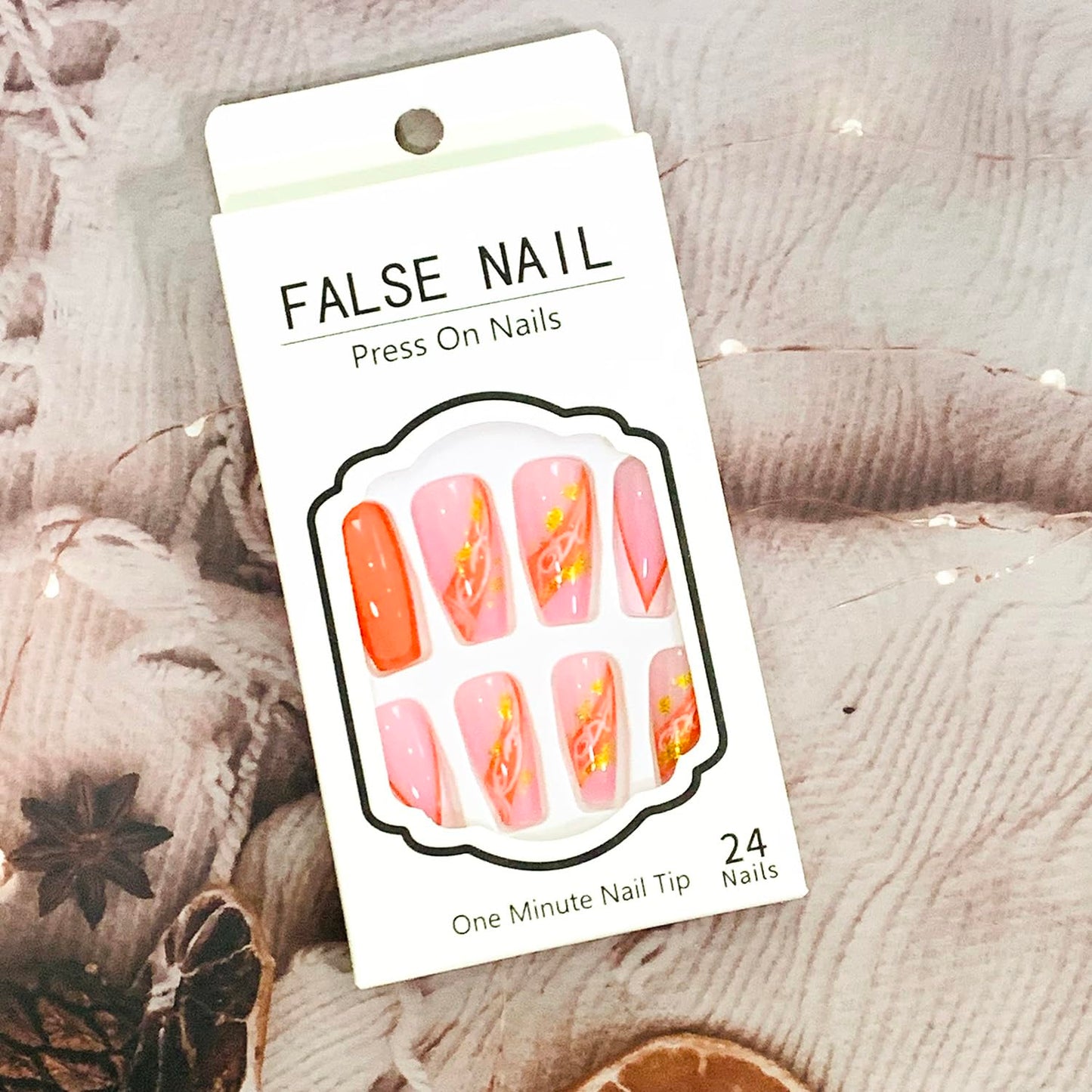 Vezocim Orange Press on Nails Square 24Pcs Glossy Full Cover Medium Acrylic Square False Nails with Marble Designs Artificial Coffin Fake Nails Glue Stick ons Fingernails with Charm for Women