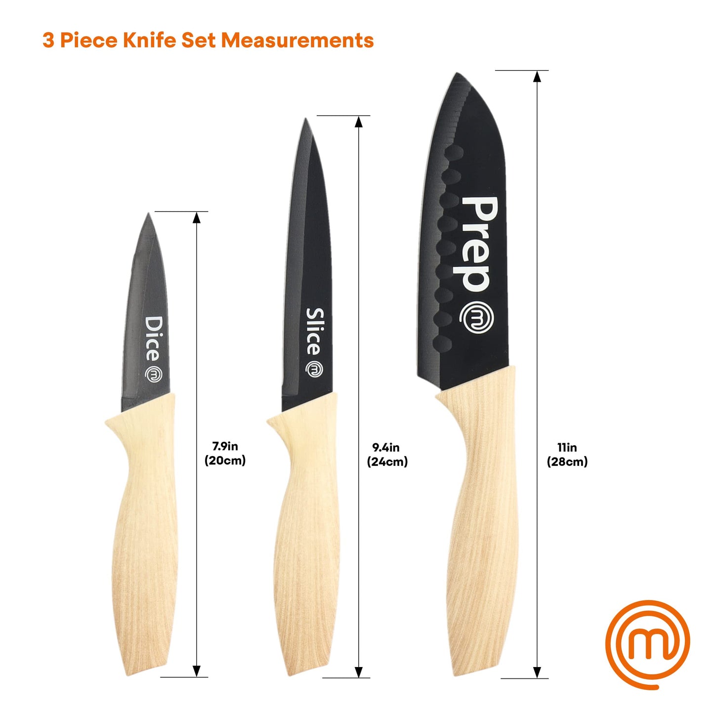 MasterChef Knife Set of 3 Kitchen Knives for Cooking (Chef, Paring & Utility), Professional Sharp Stainless Steel, Non Stick Blades & Soft Touch Handles, Easy Grip, Natural Collection, 3 Piece