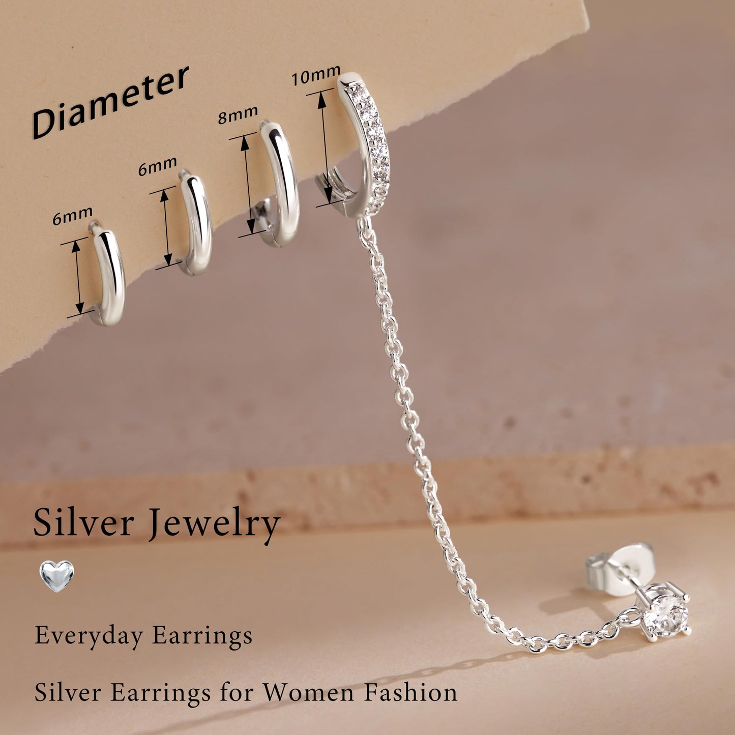 Silve Chain Hoop Stud Earrings for Women, Huggie Small Stack Cartilage Chain Hoop Earring Sets for Multiple Double Piercing, Conch Helix Rook Tragus Daith Piercing Silver Clip On Jewelry Set Gifts