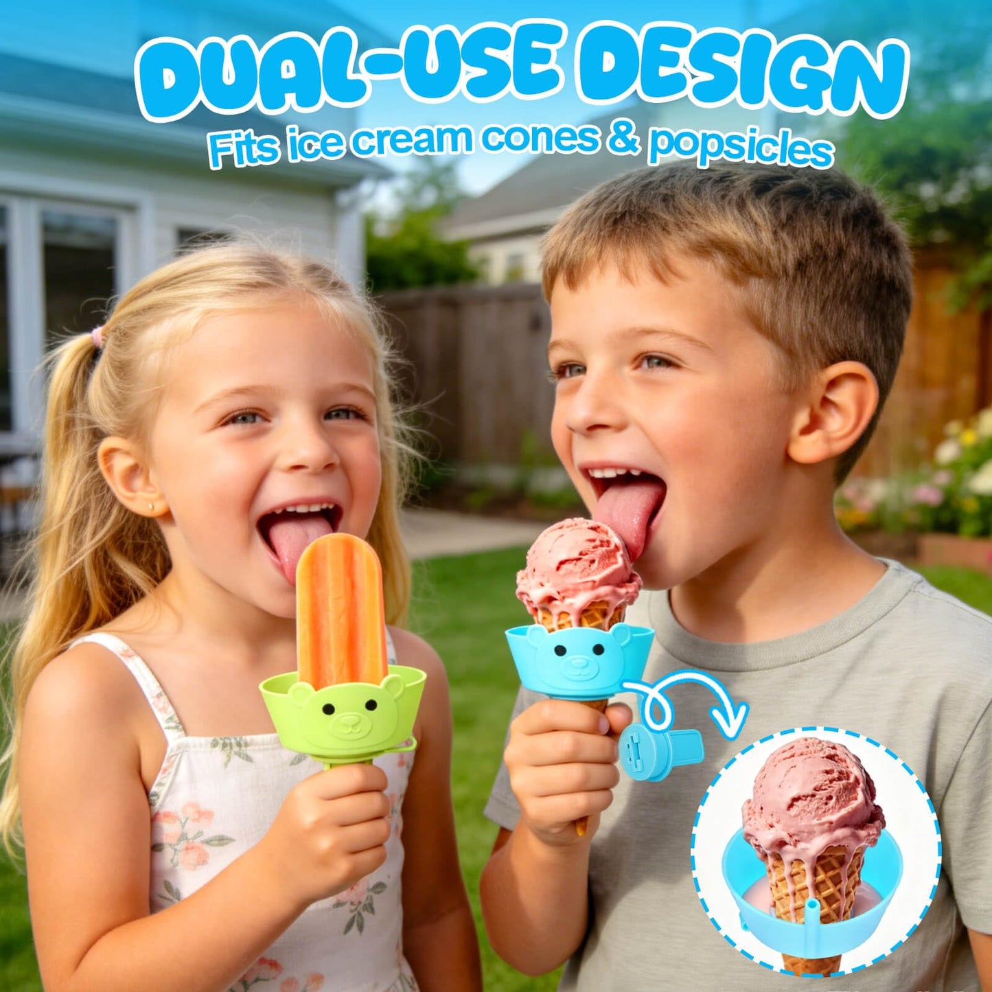 AIERSA 2-in-1 Silicone Popsicle & Ice Cream Holders for Kids, Reusable Popsicle Holder Catches Melting Drips, Dishwasher Safe Popsicle Drip Catcher with Storage Case 4-Pack