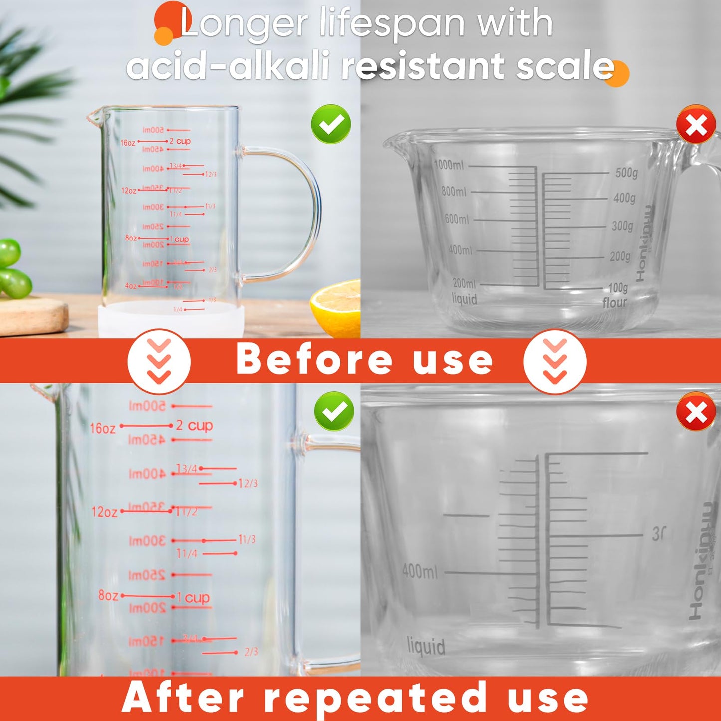 2 Cup Glass Measuring Cup with Handle, 77L High Borosilicate Glass Measuring Cup with V-Shaped and Three Scales (Cup, OZ, ML), Glass Liquid Beaker with Silicone Base, Double-Sided Measure Scales