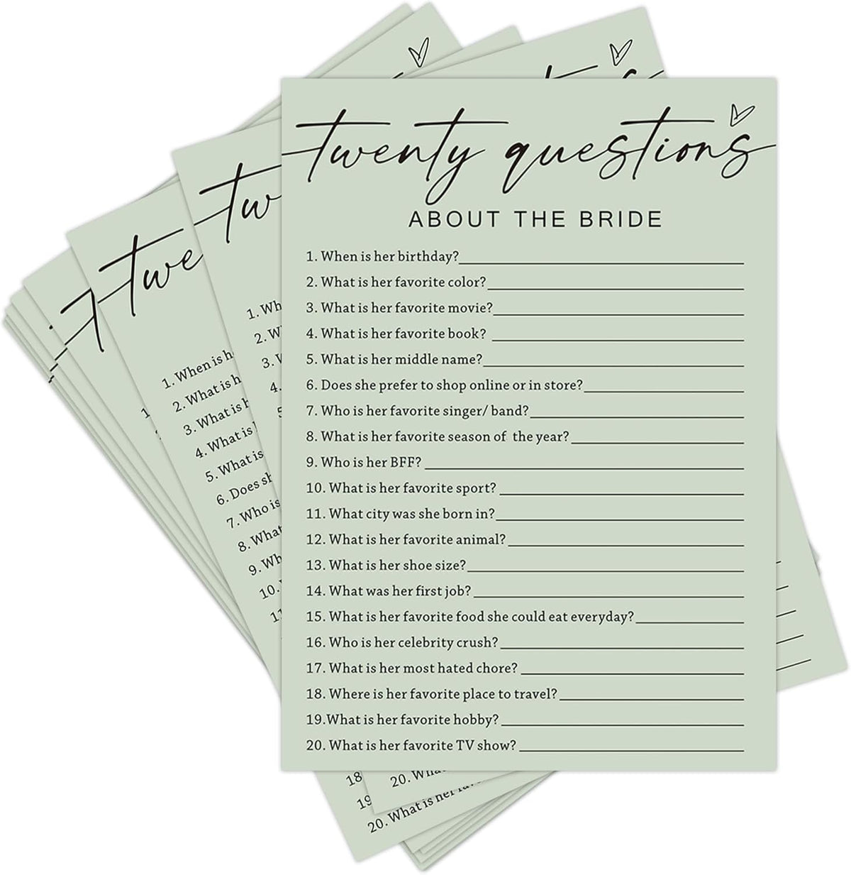 Bridal Shower Games, Twenty Questions About The Bride, 25Pcs Minimalist Sage Green Bridal Game Cards, Wedding Shower Games for Guests, Engagement Bachelorette Party Supplies