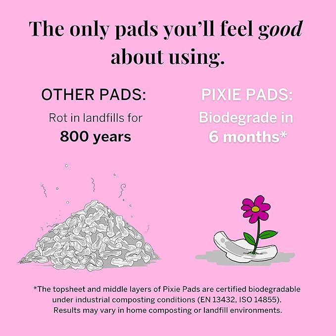 Pixie Organic Cotton Mini Pads with Wings for Women & Teens - Ultra Thin, Light Absorbency Menstrual Pads - Hypoallergenic, Unscented & Biodegradable - 64 Count