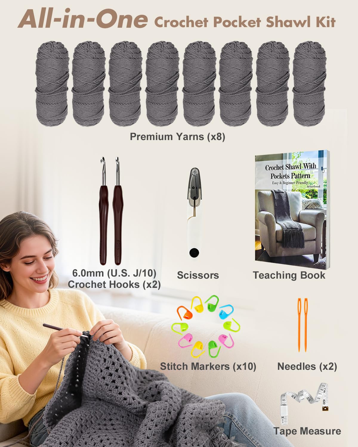 Arborthread Crochet Kit for Beginners, Easy All-Season Pocket Shawl & Scarf Crochet Kit for Adults w/Ample Premium Yarn to Fit Different Sizes, Step-by-Step Video & Instructions, Grey