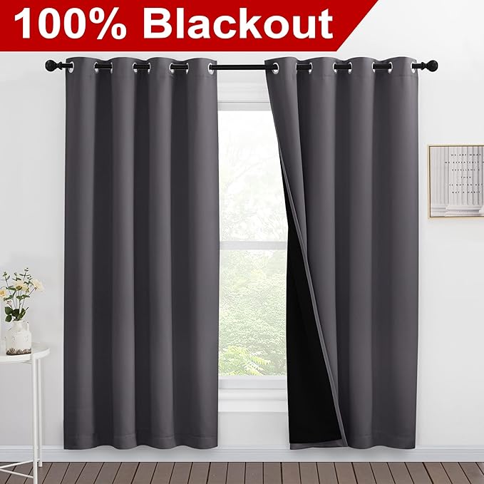 NICETOWN Grey Full Shade Curtain Panels, Pair of Energy Smart & Noise Blocking Out Blackout Drapes for Dining Room Window, Thermal Insulated Guest Room Lined Window Dressing(Gray, 55 x 78 inch)