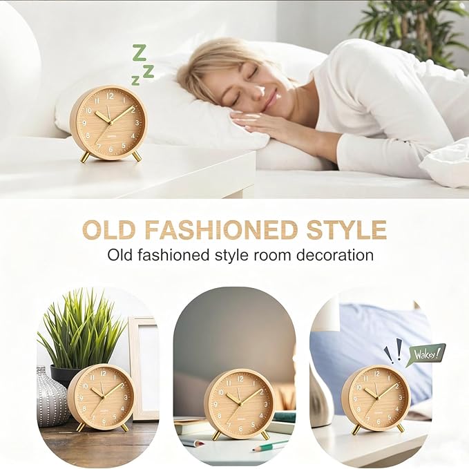 Analog Alarm Clock, Silent Non-Ticking with Night Light, Battery Operated, Fashionable Round Metal Alarm Clock for Office, Bedroom, Elderly, Adults, Women, Men Gifts Wood-Like Color