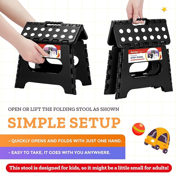 ACSTEP 7.5 Inch Folding Step Stool Foldable Stool Height Kids Step Stool, 176 lb Capacity Plastic Collapsible Stool, Black Small Stepping Stools, Foot Stools Suitable for Kitchen