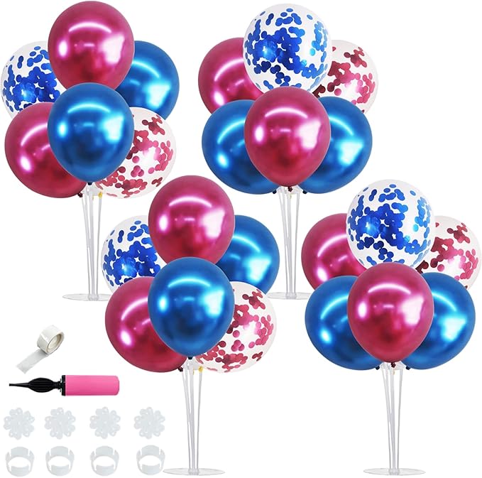 TONIFUL 4 Set Metallic Blue and Rose Red Balloon Stand Centerpiece Table Decorations for Baby Shower Wedding Engagement Bridal Shower Anniversary Mother's Day Birthday Party Decorations