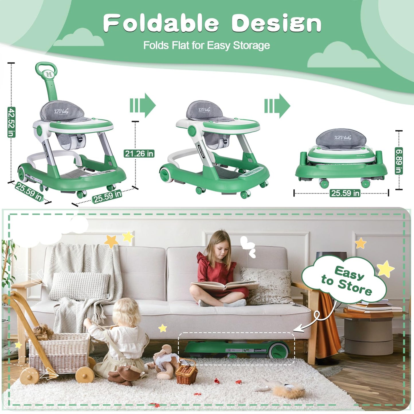 Baby Walker with Wheels 5 in 1 Foldable Activity Center with Mute Wheels Adjustable Heights Anti-Fall Push Walkers for Boys Girls Safe Infant Toddler Walker with Footrest for 6-24 Months