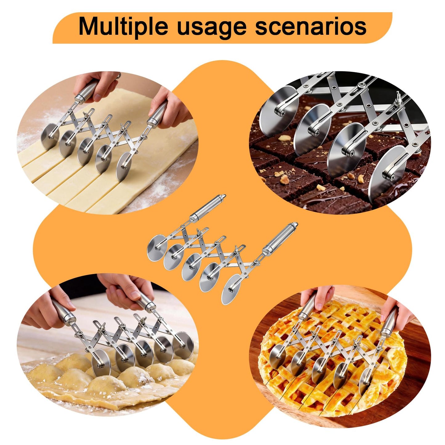 5-Wheel Pastry Cutter & Dough Divider - Adjustable Heavy Duty Stainless Steel Tool for Cinnamon Rolls, Brownies, Lattice, Pasta, Pizza | Achieve Perfect, Even Cuts Every Time