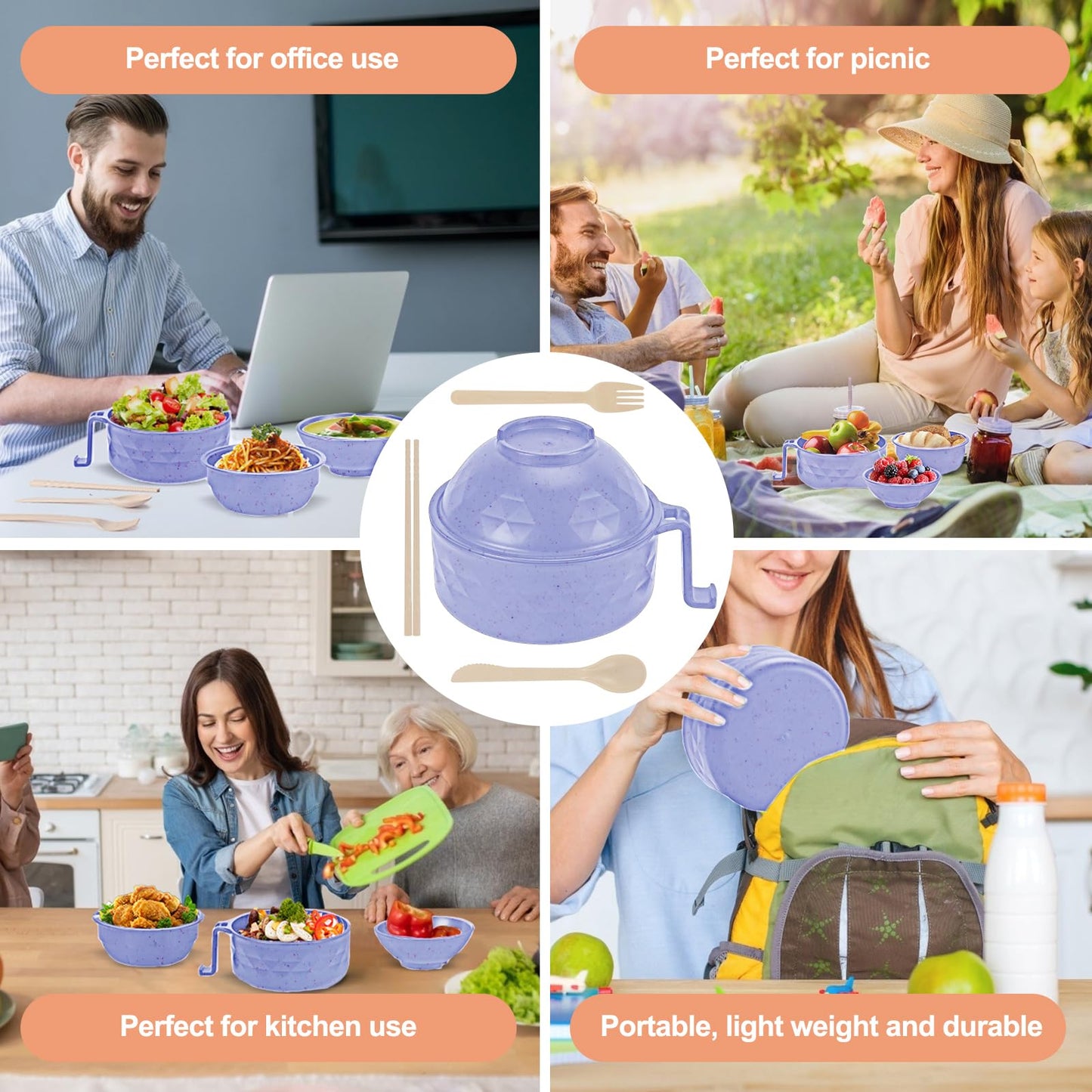 RORBAM Microwave Ramen Cooker,Ramen Bowl Set,Microwave Noodle Bowl With Chopsticks and Spoon, College Dorm Room Essentials for Girls for Boys, Apartment Essentials, BPA-Free. (light purple)