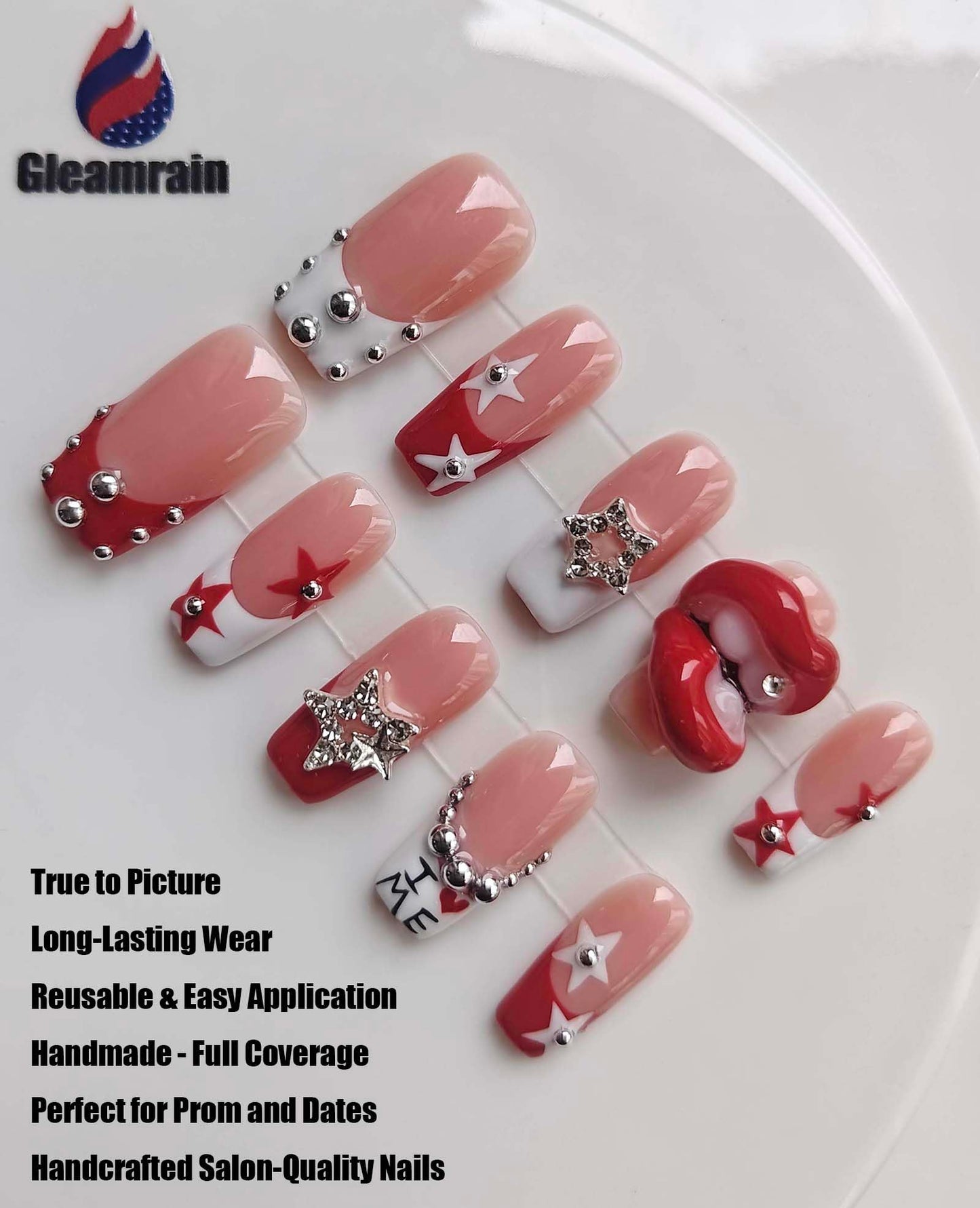 Gleamrain 10pcs Nude Handmade Long Press-on Nails Coffin Shape (M Size) with 3D Designs for Women Suitable for Beach Proms, Parties Wear, D110