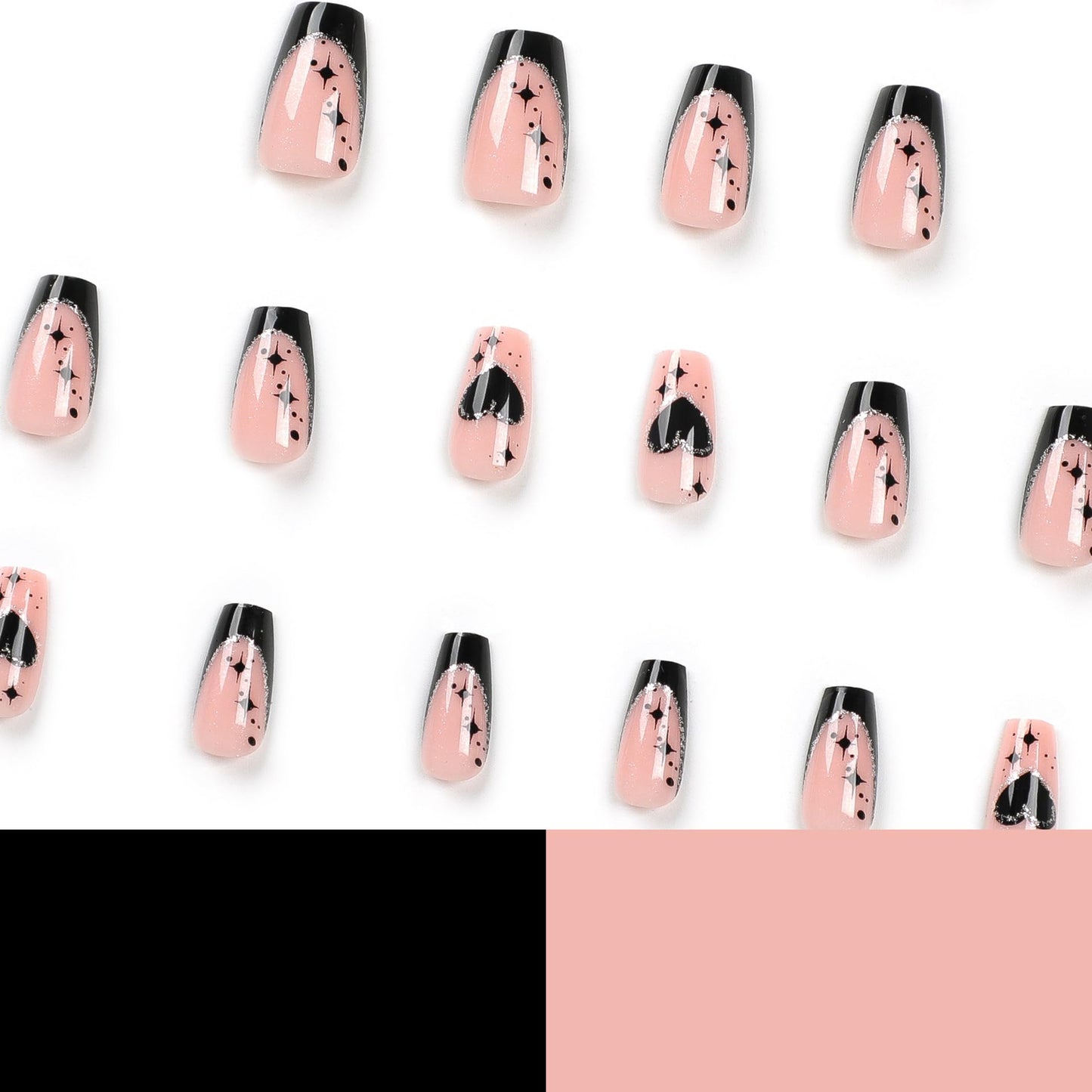 Medium Press on Nails Coffin - Black French Tip Fake Nails with Heart Star Design - Glitter Glossy Full Cover Stick on False Nails - for Women 24 Pcs