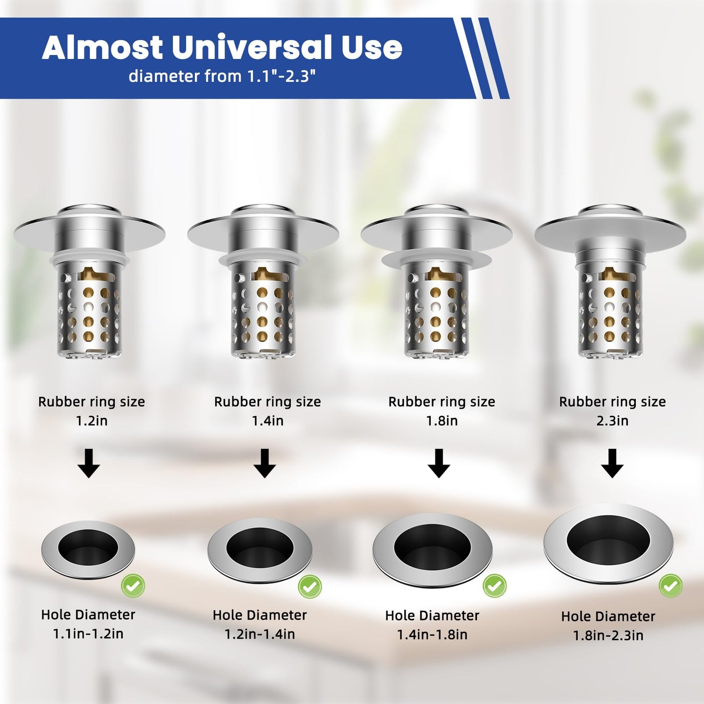 Universal Bathroom Sink Drain Strainer Hair Catcher 2PCS Upgraded with Removable Stainless Steel Filter Basket, 3 in 1 Pop Up Sink Stopper for 1.1''~2.36'' Sink Basin Hole, Chrome