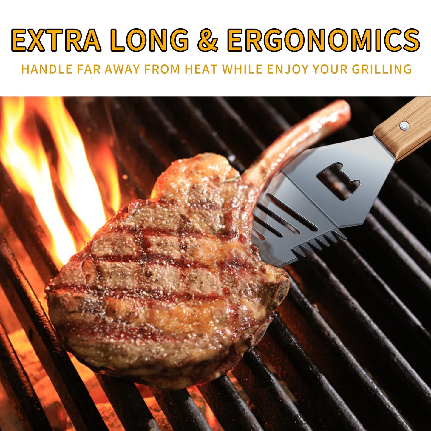Qinshaine 4-in-1 BBQ Spatula, Multifunction Grill Spatula with Wooden Handle, perfect for BBQ grills and kebabs for camping picnics